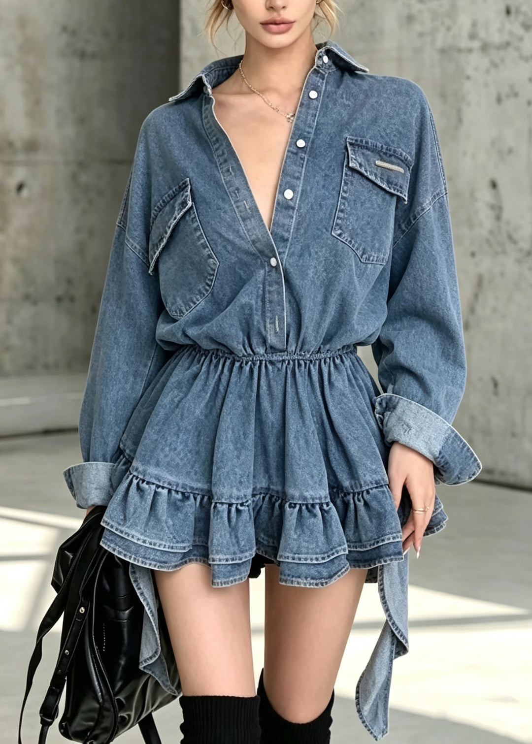 Chic Blue Peter Pan Collar Ruffled Patchwork Denim Dress Fall