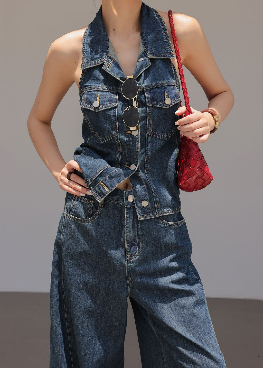 Chic Blue Peter Pan Collar Top And Pants Denim Two Pieces Set Sleeveless