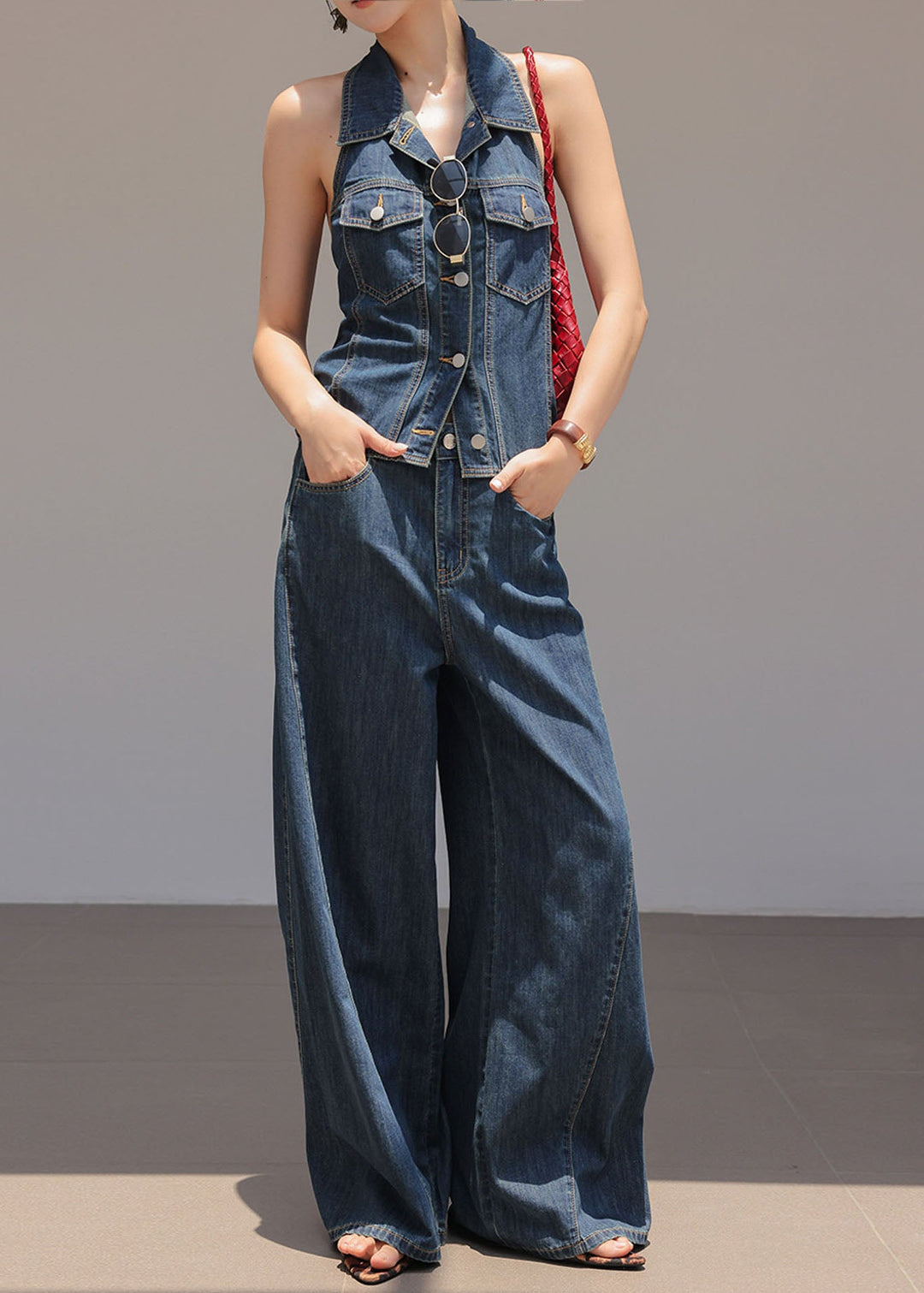 Chic Blue Peter Pan Collar Top And Pants Denim Two Pieces Set Sleeveless