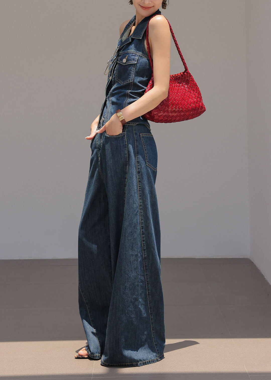 Chic Blue Peter Pan Collar Top And Pants Denim Two Pieces Set Sleeveless