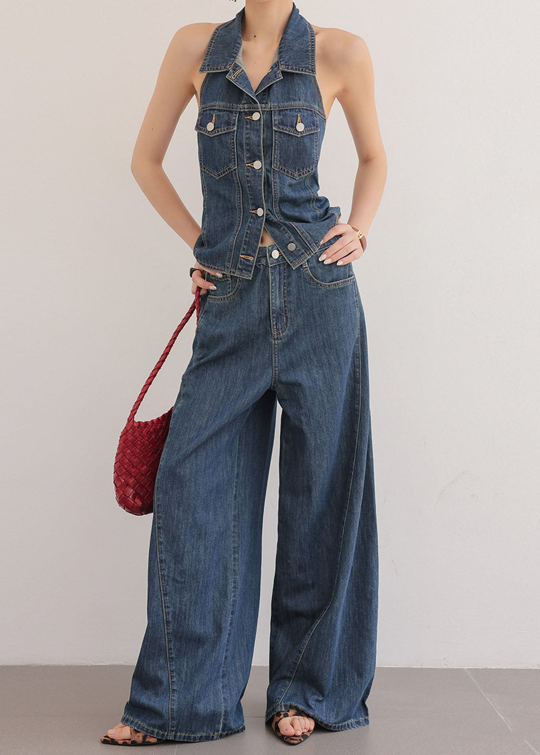 Chic Blue Peter Pan Collar Top And Pants Denim Two Pieces Set Sleeveless