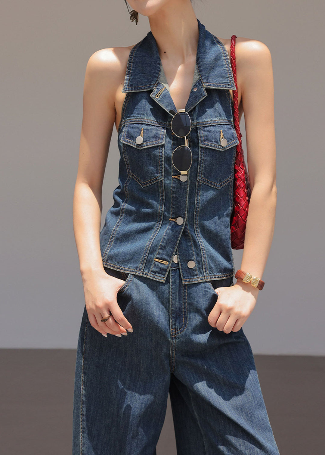 Chic Blue Peter Pan Collar Top And Pants Denim Two Pieces Set Sleeveless