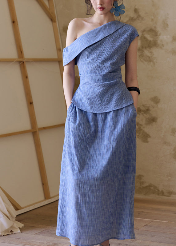 Chic Blue Plaid Patchwork Top And A Line Skirts Two Pieces Set Short Sleev