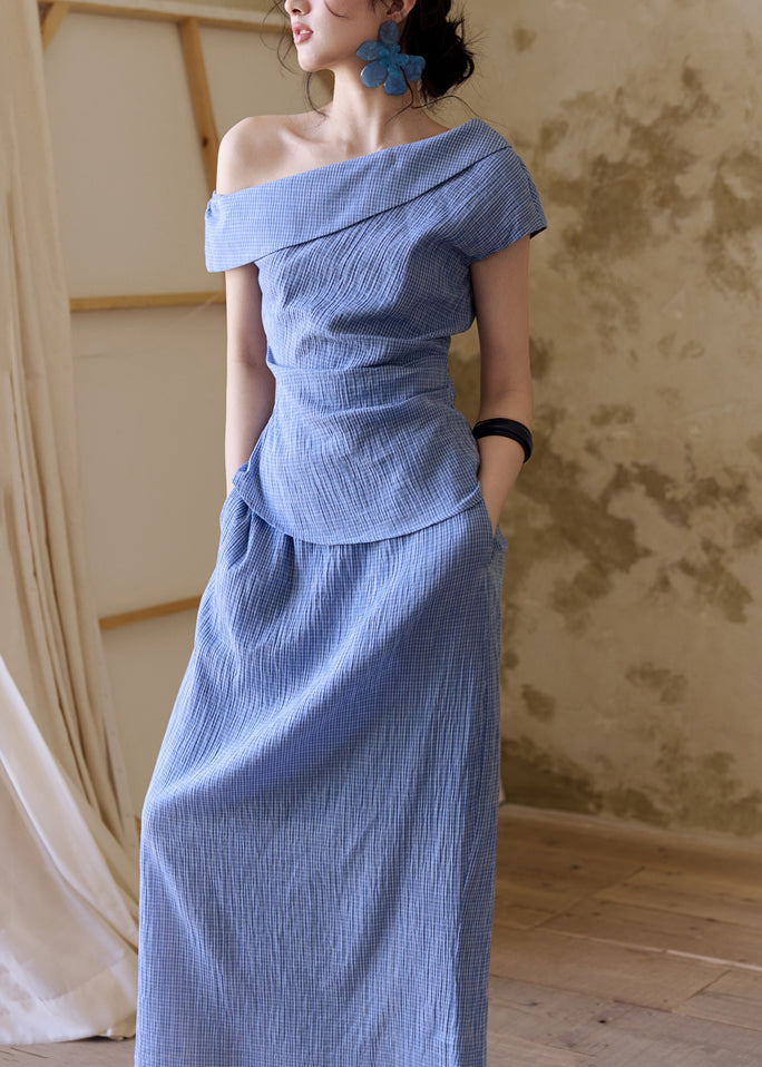 Chic Blue Plaid Patchwork Top And A Line Skirts Two Pieces Set Short Sleev