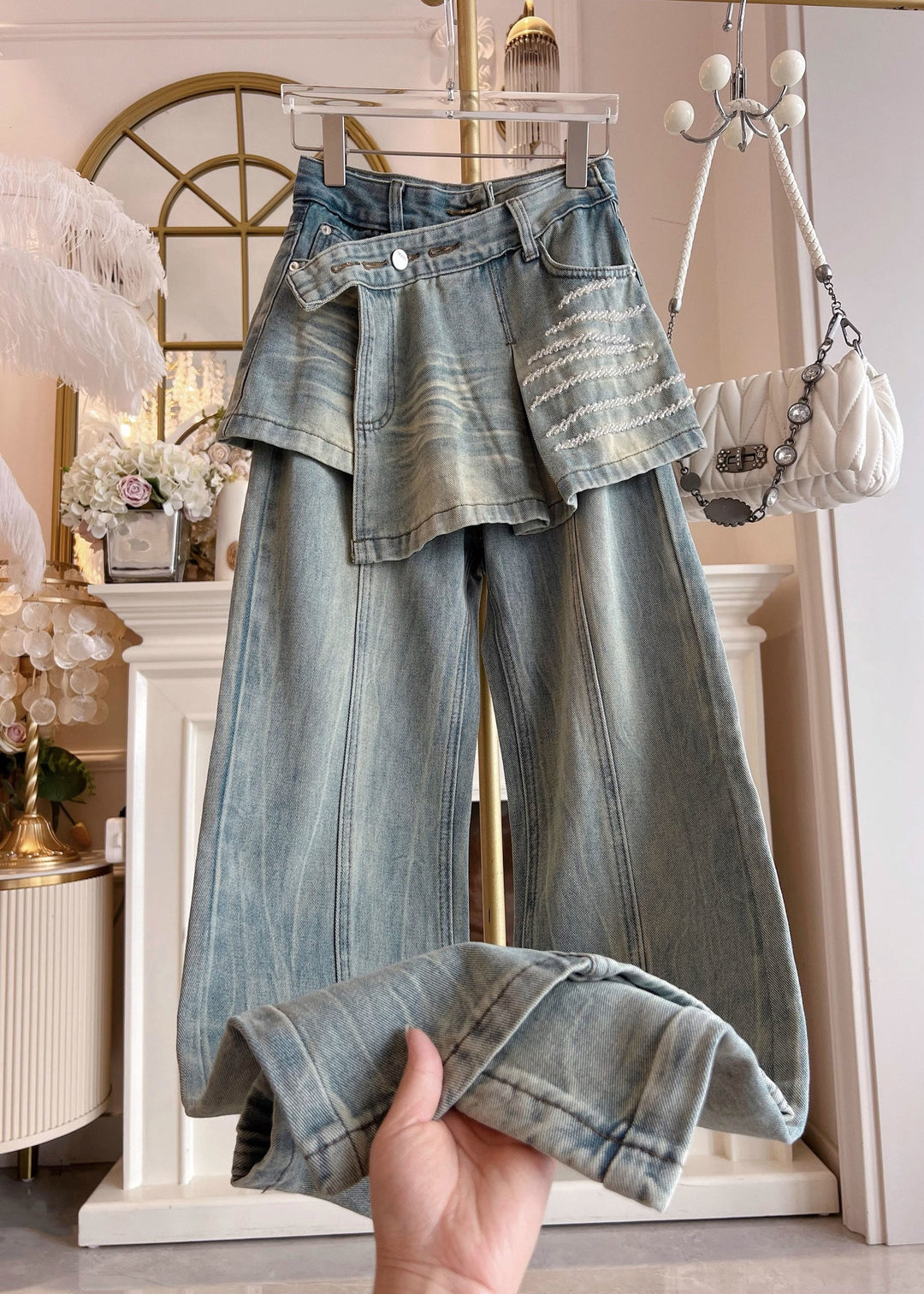 Chic Blue Pockets False Two Pieces Patchwork Denim Pants Fall