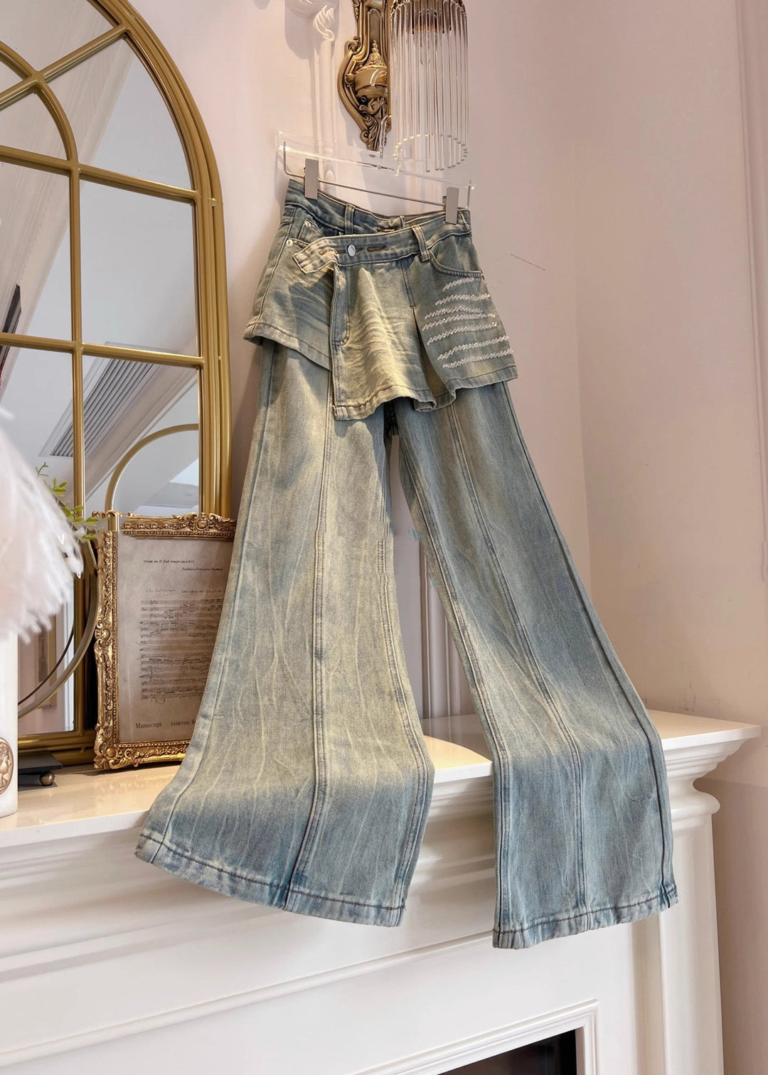 Chic Blue Pockets False Two Pieces Patchwork Denim Pants Fall