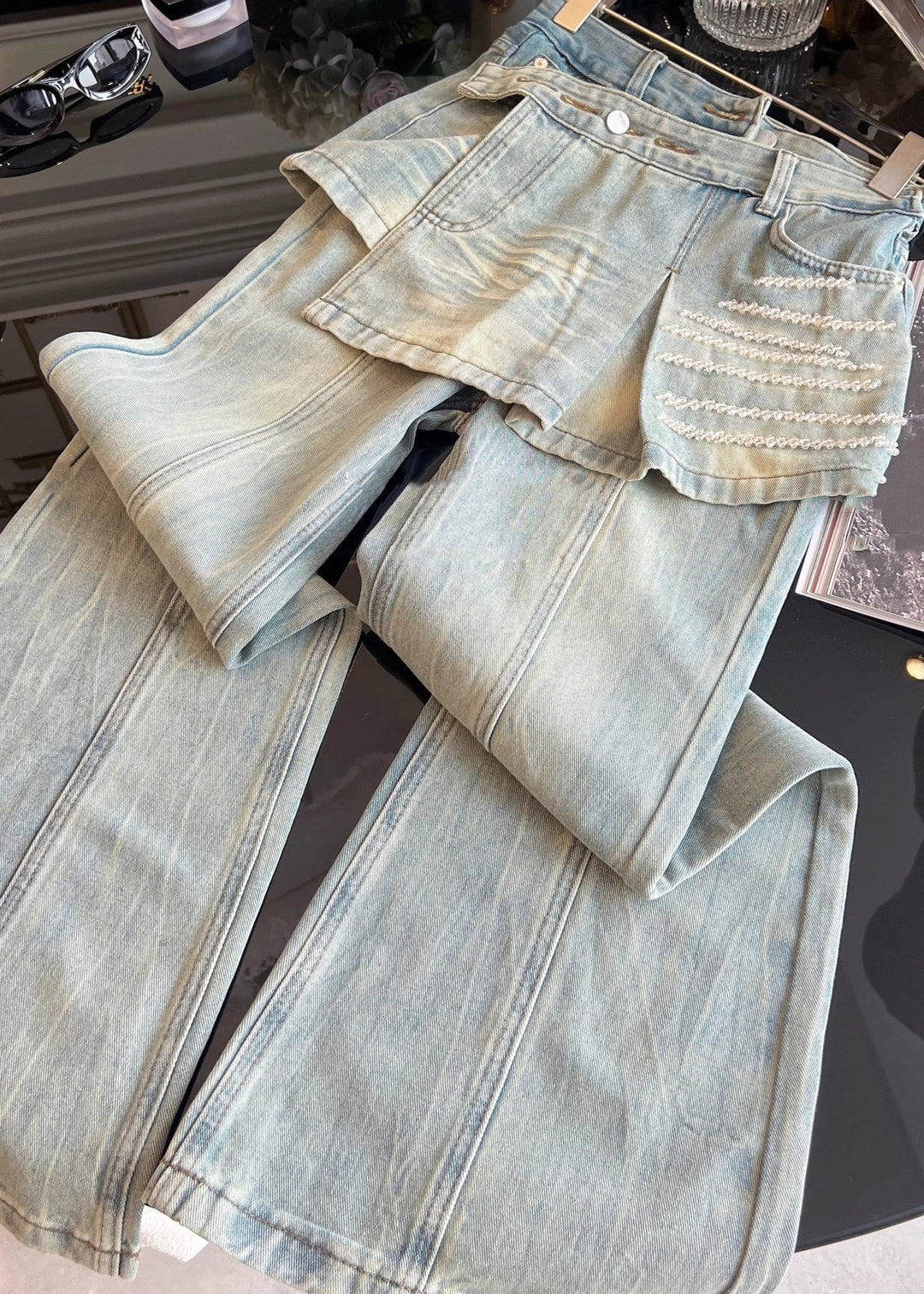 Chic Blue Pockets False Two Pieces Patchwork Denim Pants Fall