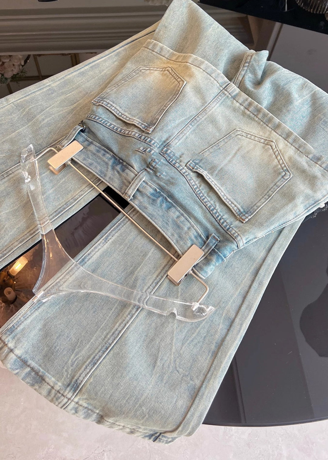 Chic Blue Pockets False Two Pieces Patchwork Denim Pants Fall