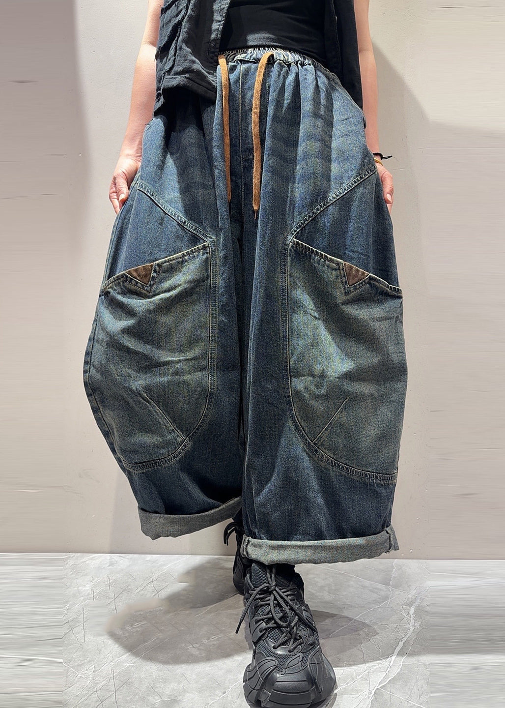 Chic Blue Pockets Patchwork Elastic Waist Denim Pants Fall