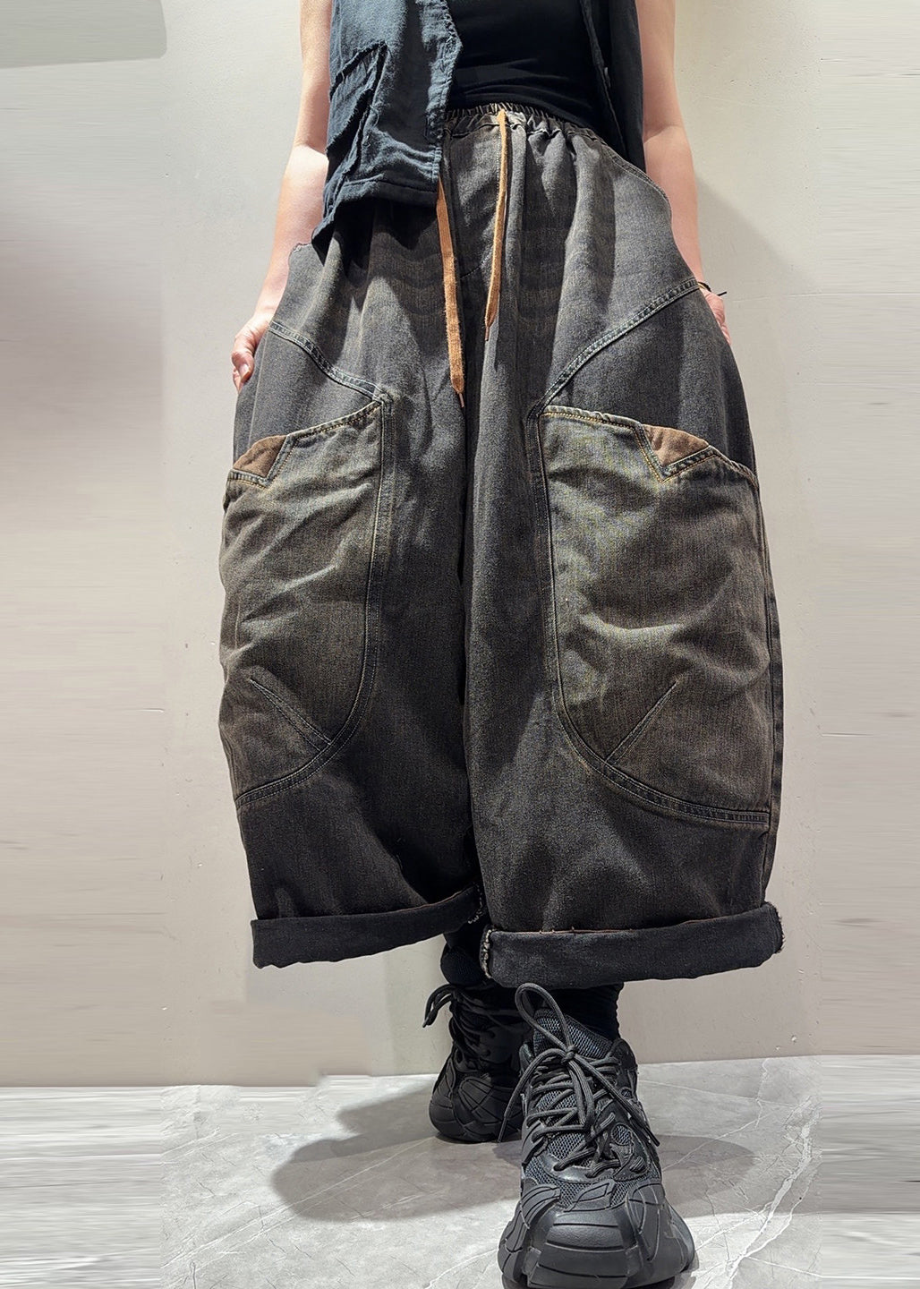 Chic Blue Pockets Patchwork Elastic Waist Denim Pants Fall
