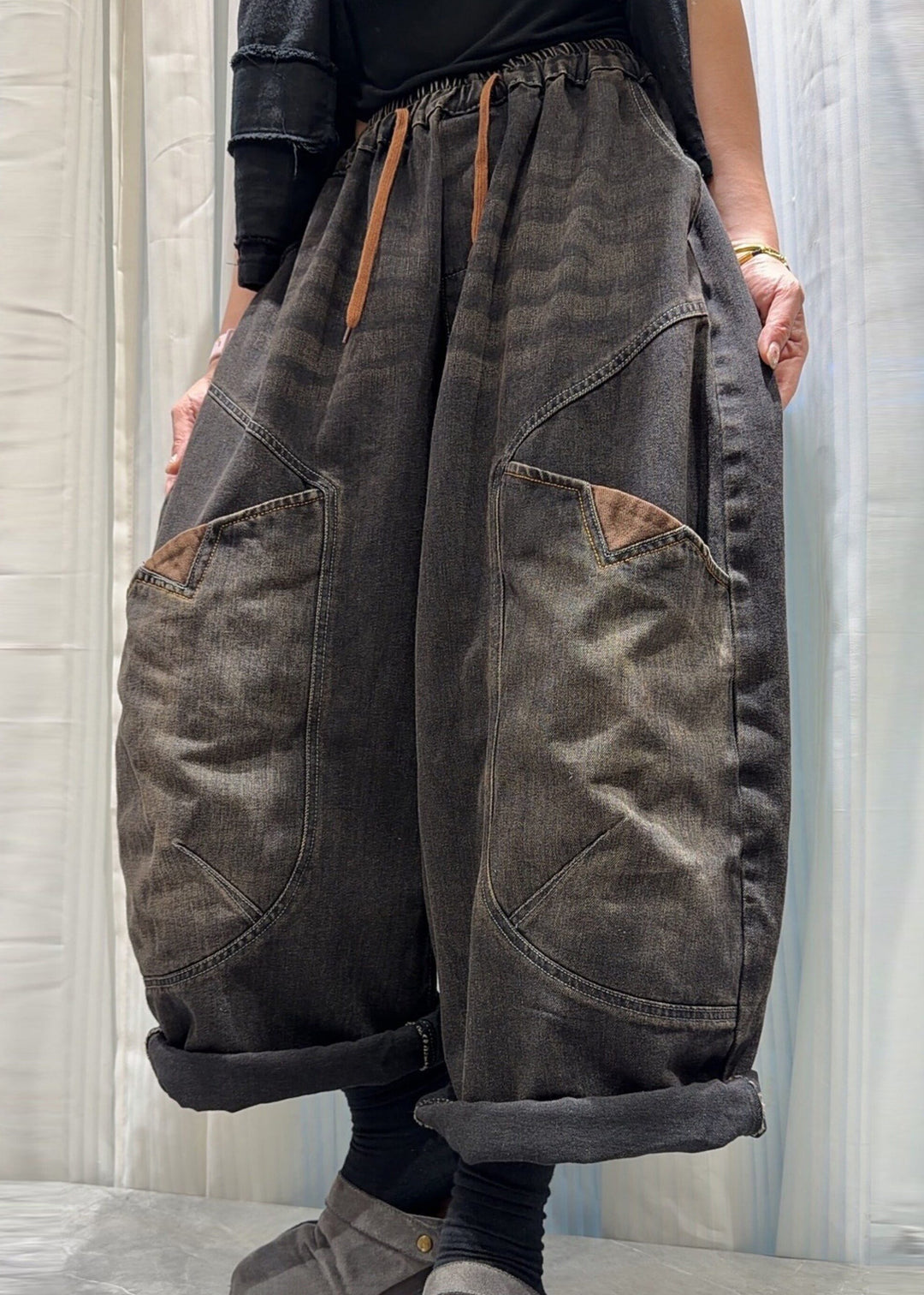 Chic Blue Pockets Patchwork Elastic Waist Denim Pants Fall