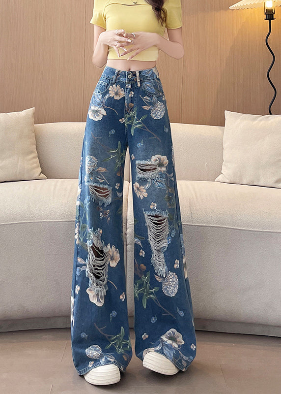 Chic Blue Pockets Print Denim Ripped Pants Fall