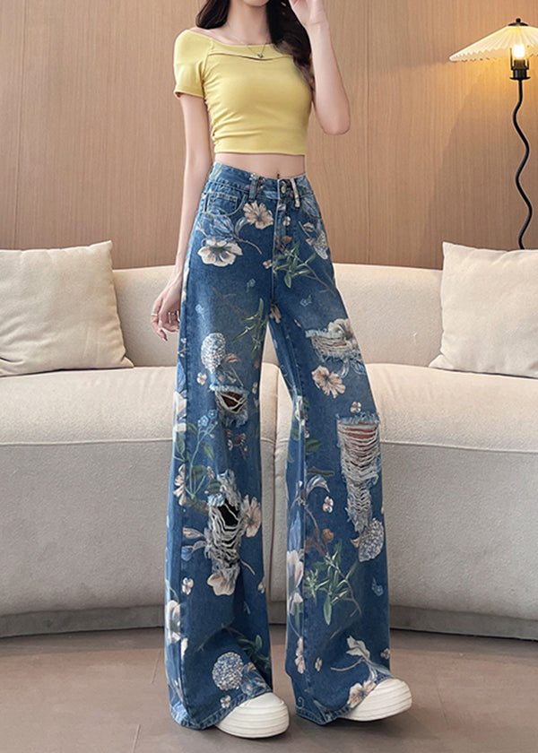 Chic Blue Pockets Print Denim Ripped Pants Fall