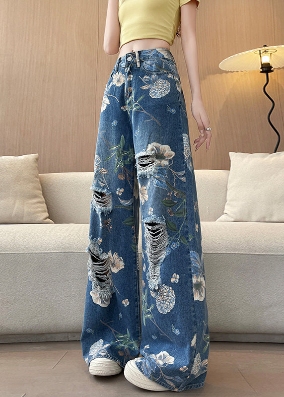 Chic Blue Pockets Print Denim Ripped Pants Fall