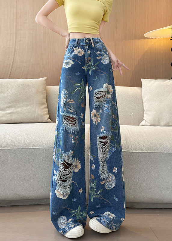 Chic Blue Pockets Print Denim Ripped Pants Fall