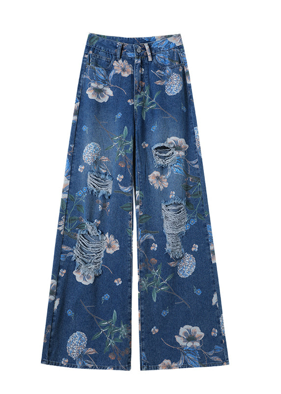Chic Blue Pockets Print Denim Ripped Pants Fall