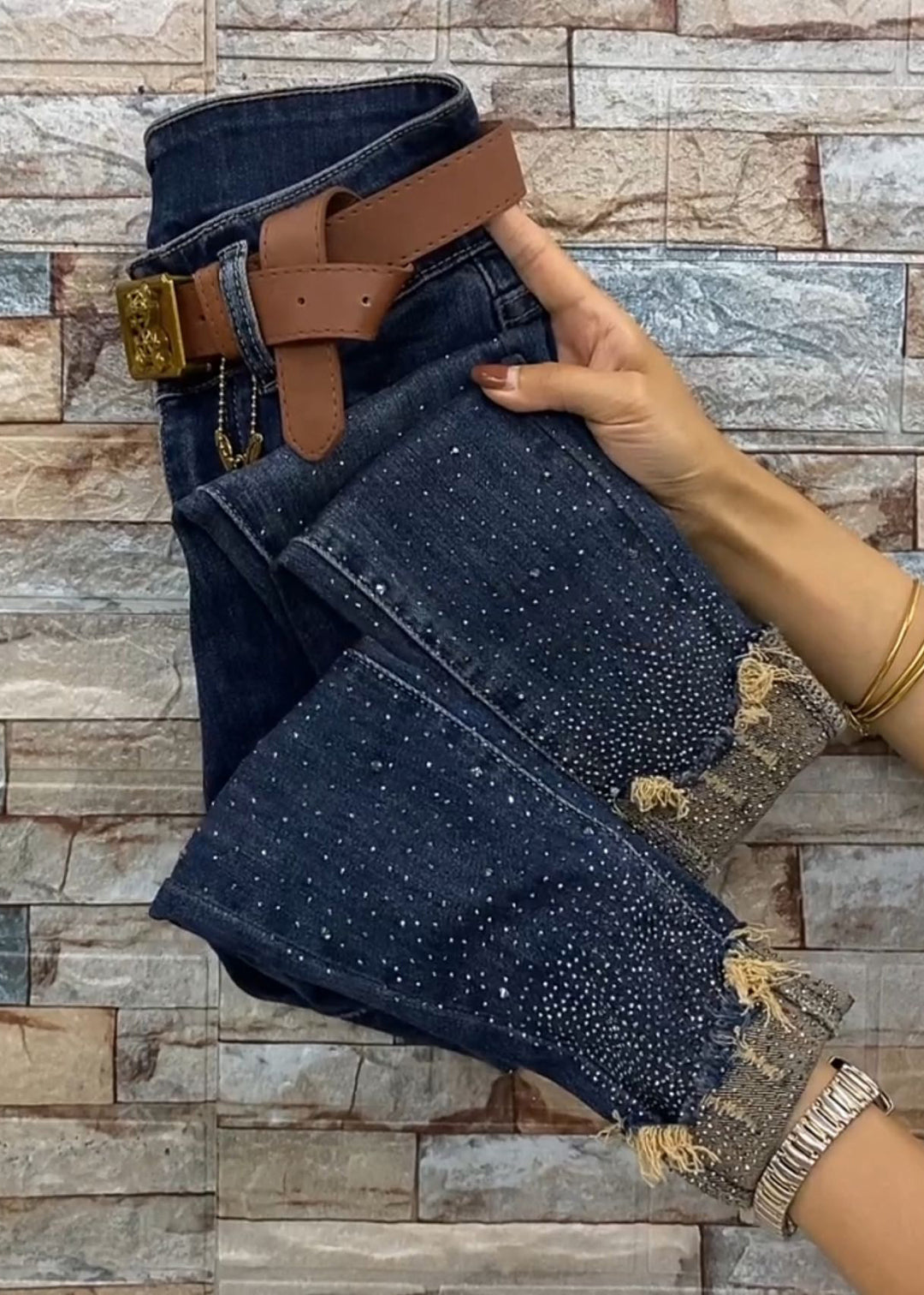 Chic Blue Pockets Zircon Patchwork Denim Crop Pants Fall