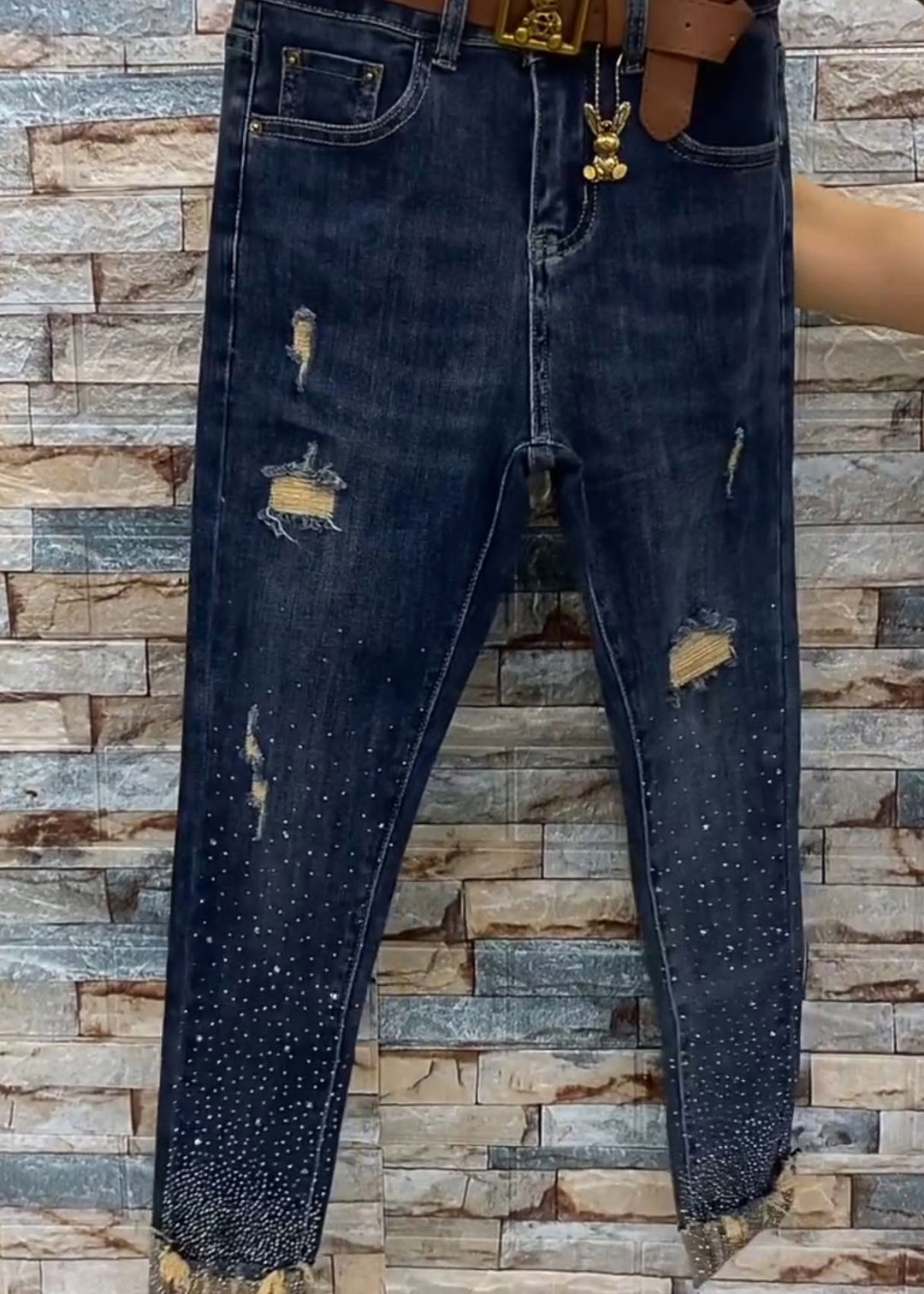 Chic Blue Pockets Zircon Patchwork Denim Crop Pants Fall