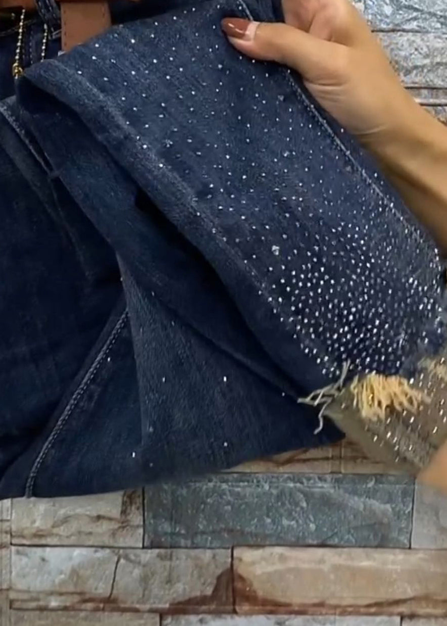 Chic Blue Pockets Zircon Patchwork Denim Crop Pants Fall