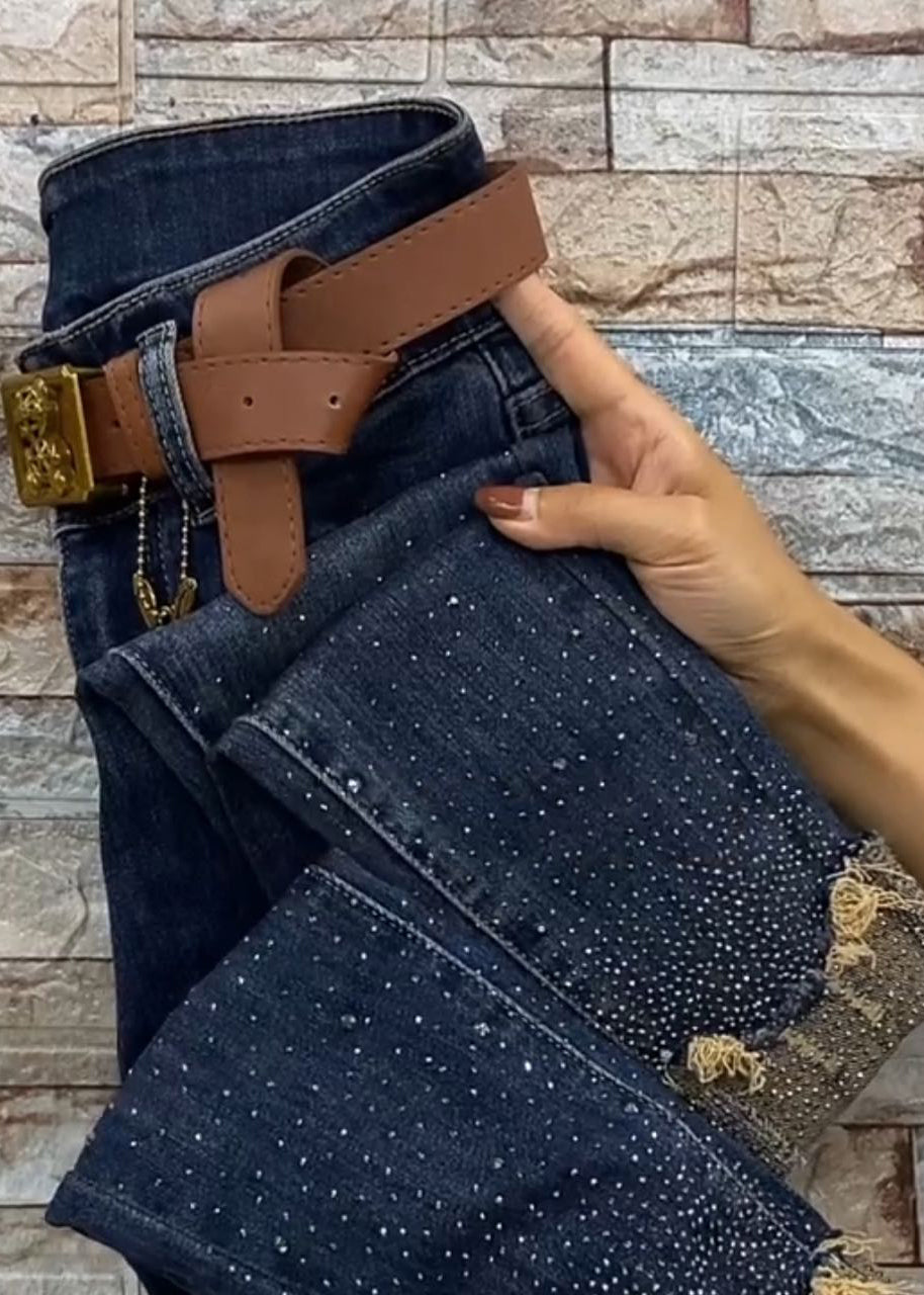 Chic Blue Pockets Zircon Patchwork Denim Crop Pants Fall