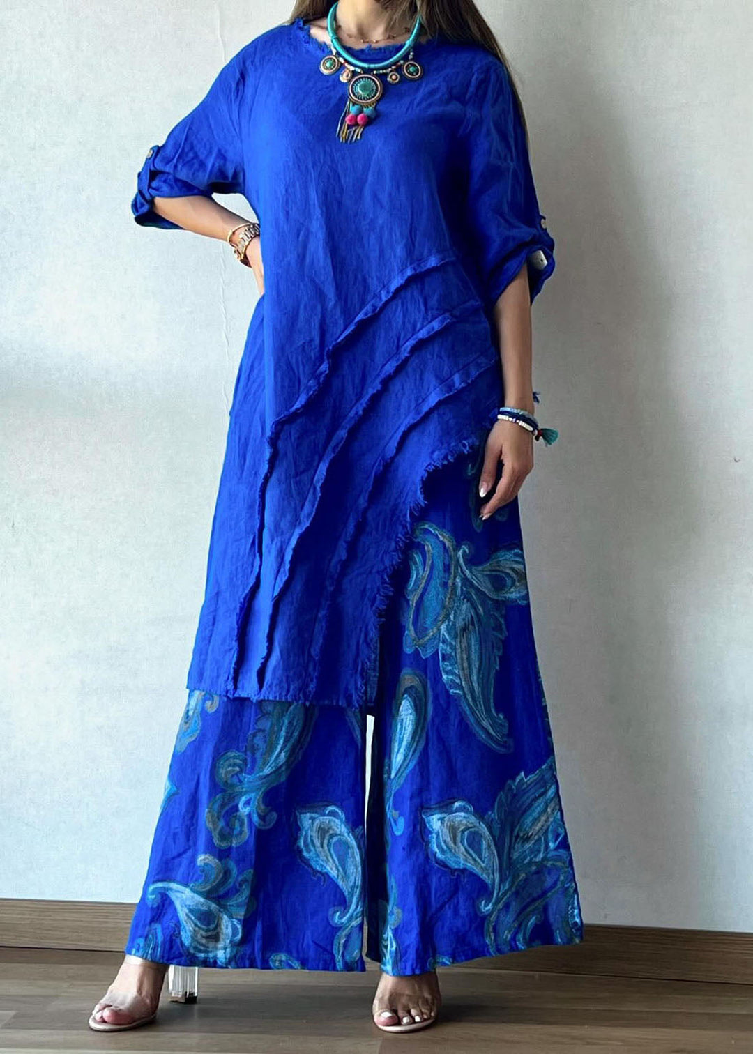 Chic Blue Print Asymmetrical Top And Wide Leg Pants Two Piece Set Summer