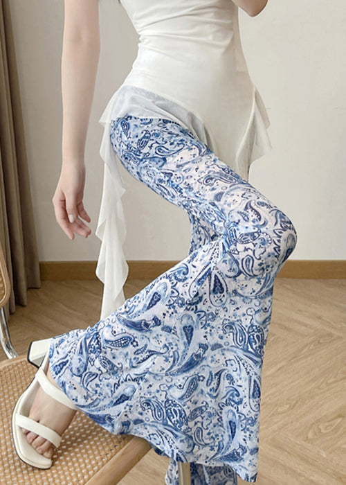 Chic Blue Print High Waist Tulle Flare Bottoms Summer