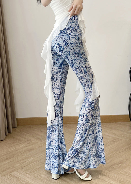 Chic Blue Print High Waist Tulle Flare Bottoms Summer