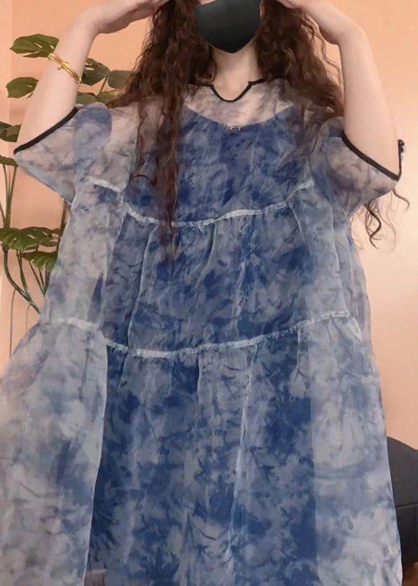 Chic Blue Print Patchwork Tulle Two Pieces Set Half Sleeve