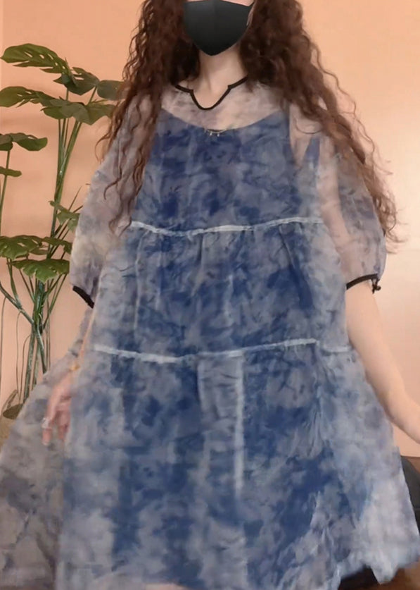 Chic Blue Print Patchwork Tulle Two Pieces Set Half Sleeve
