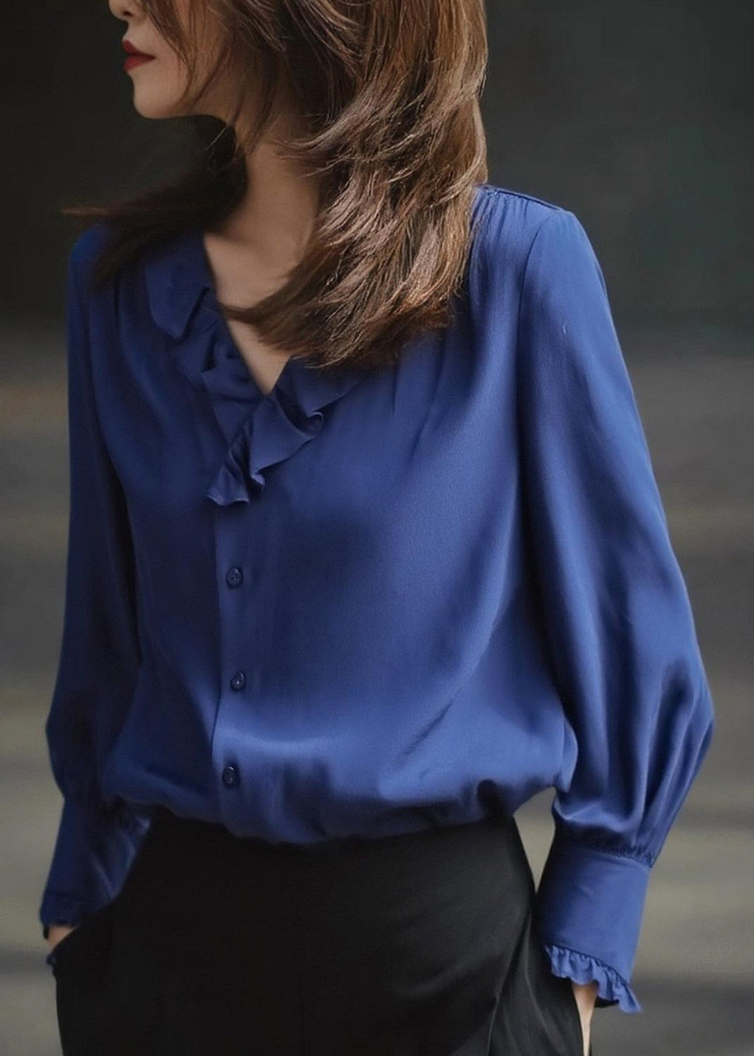 Chic Blue Ruffled Draping Chiffon Blouses Spring