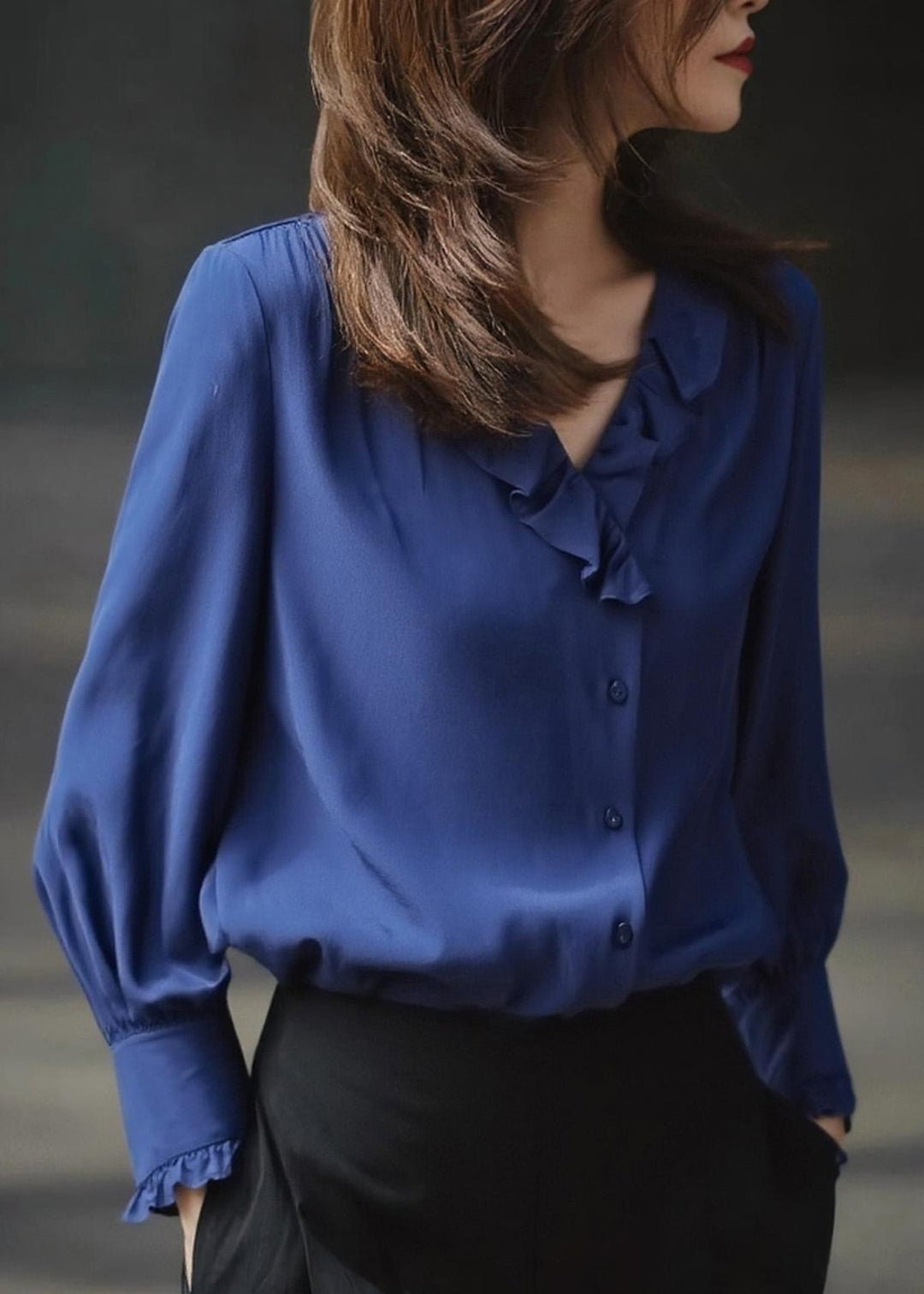 Chic Blue Ruffled Draping Chiffon Blouses Spring
