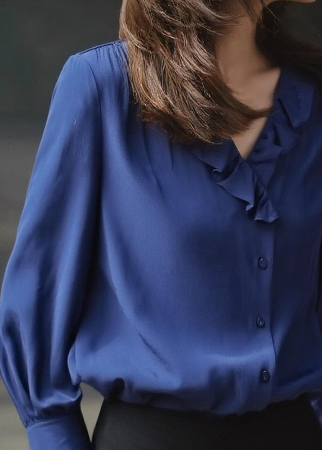 Chic Blue Ruffled Draping Chiffon Blouses Spring