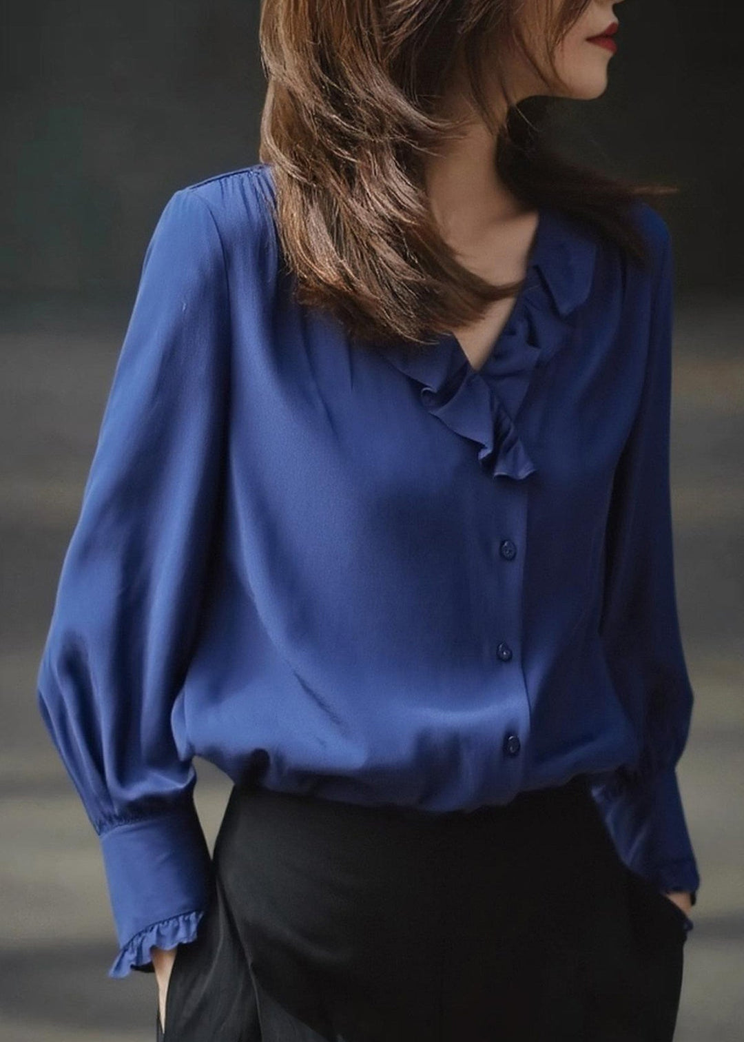 Chic Blue Ruffled Draping Chiffon Blouses Spring