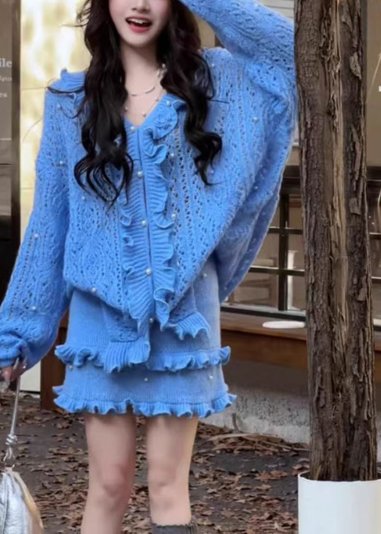 Chic Blue Ruffled Nail Bead Knit Two Piece Set Winter