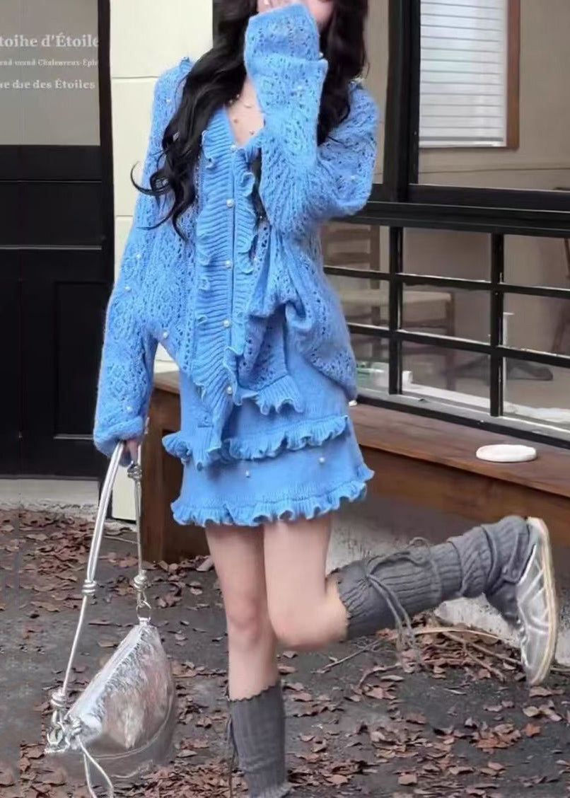 Chic Blue Ruffled Nail Bead Knit Two Piece Set Winter