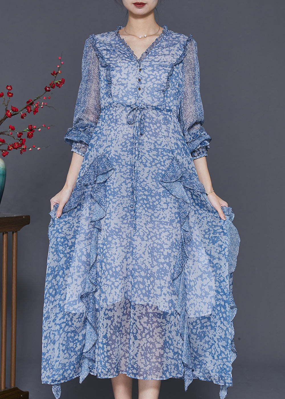 Chic Blue Ruffled Patchwork Print Chiffon Cinched Dress Spring