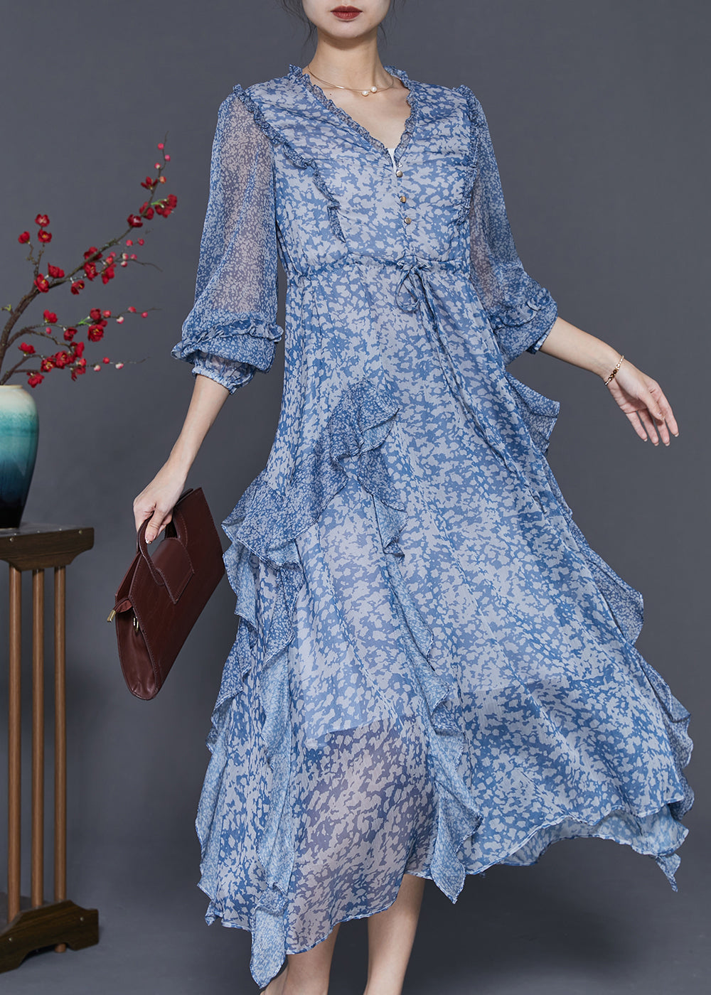 Chic Blue Ruffled Patchwork Print Chiffon Cinched Dress Spring