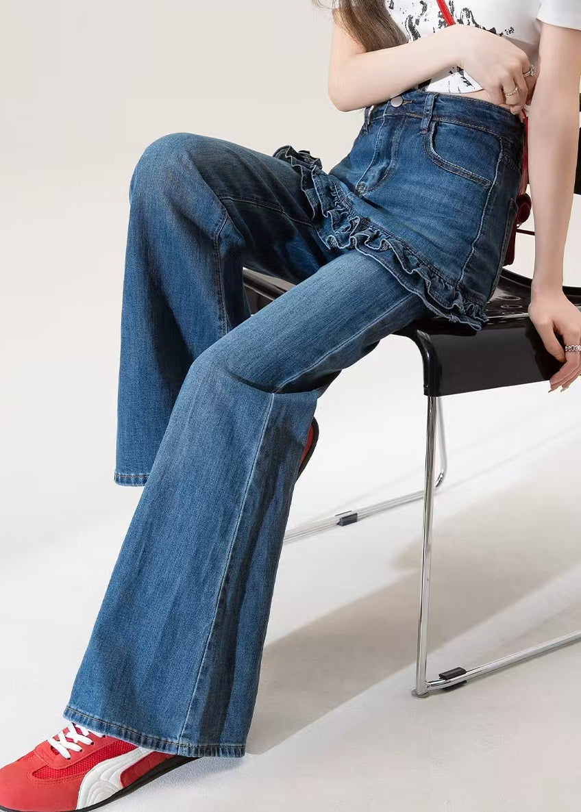 Chic Blue Ruffled Pockets Patchwork Denim Flared Trousers Fall