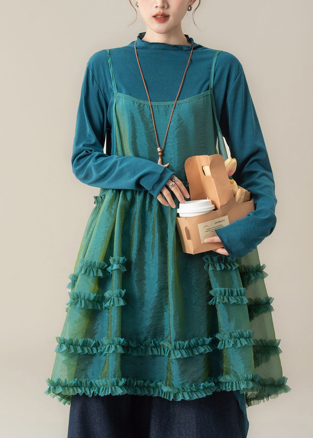 Chic Blue Ruffled Spaghetti Strap Dress T Shirt And Pants Three Piece Suit Set Fall