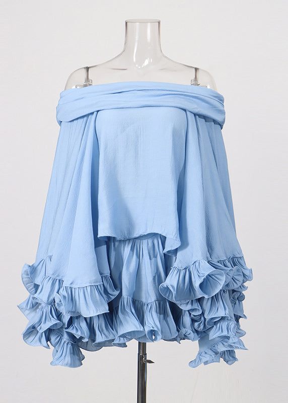 Chic Blue Ruffled Top And Skirts Cotton Two Pieces Set Summer