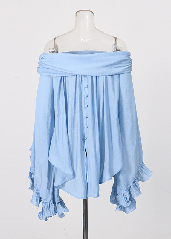 Chic Blue Ruffled Top And Skirts Cotton Two Pieces Set Summer