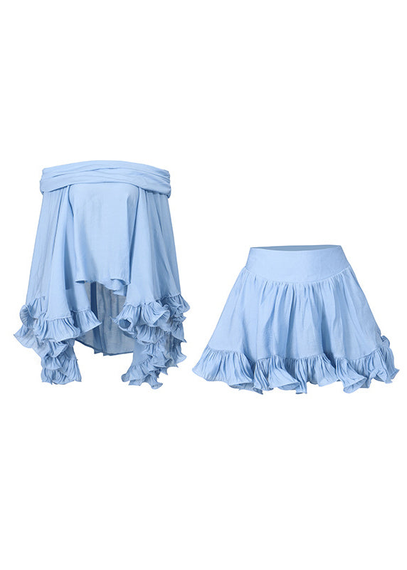 Chic Blue Ruffled Top And Skirts Cotton Two Pieces Set Summer