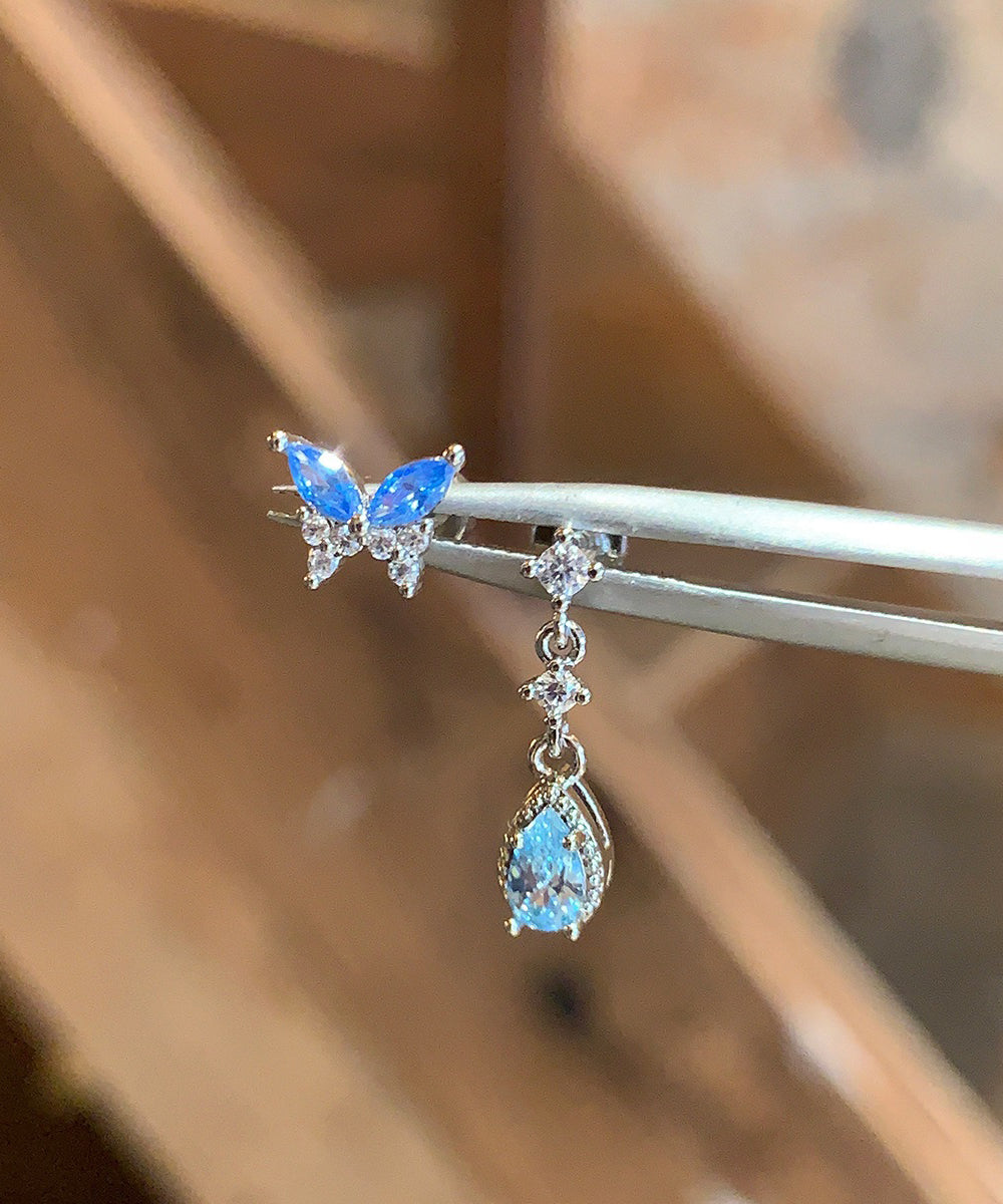 Chic Blue Stainless Steel Butterfly Water Droplet Zircon Asymmetrical Drop Earrings