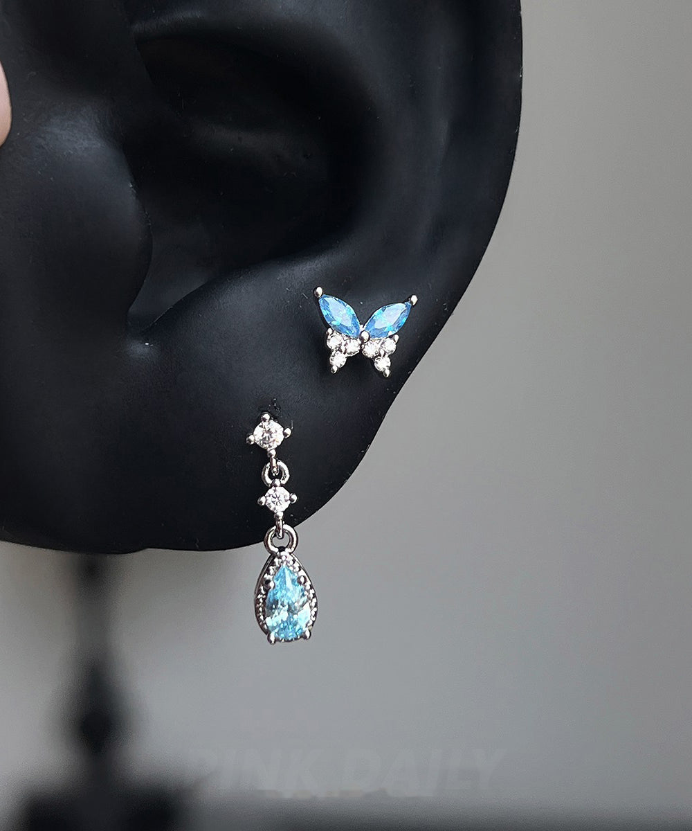 Chic Blue Stainless Steel Butterfly Water Droplet Zircon Asymmetrical Drop Earrings