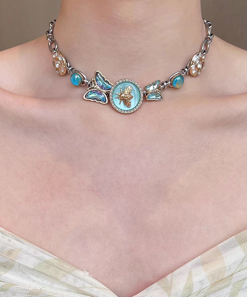 Chic Blue Stainless Steel Crystal Butterfly Beading Pendant Necklace Three-Piece Set