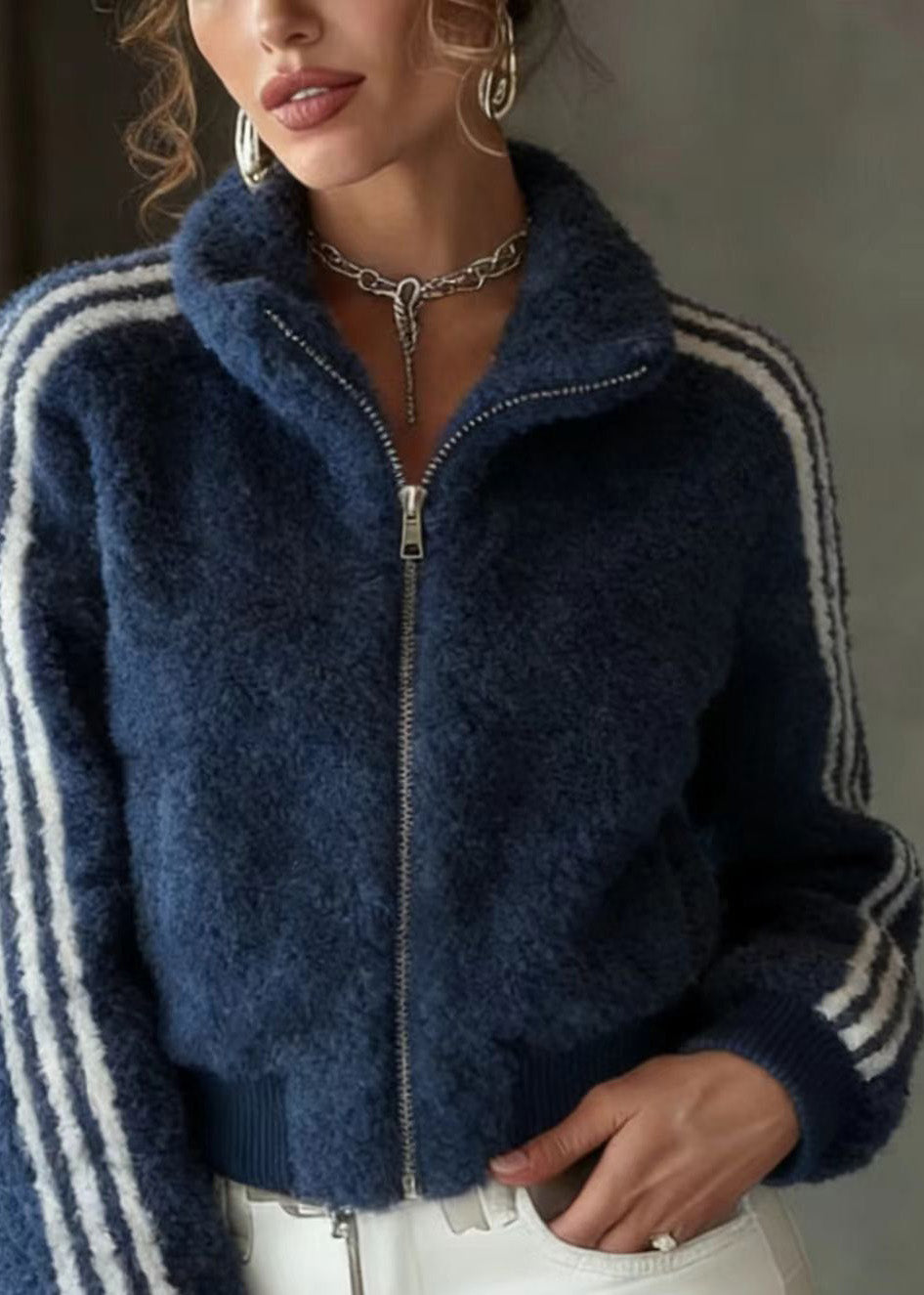 Chic Blue Stand Collar Zip Up Striped Faux Fur Jackets Spring