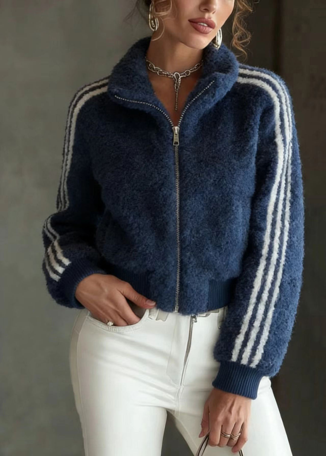 Chic Blue Stand Collar Zip Up Striped Faux Fur Jackets Spring