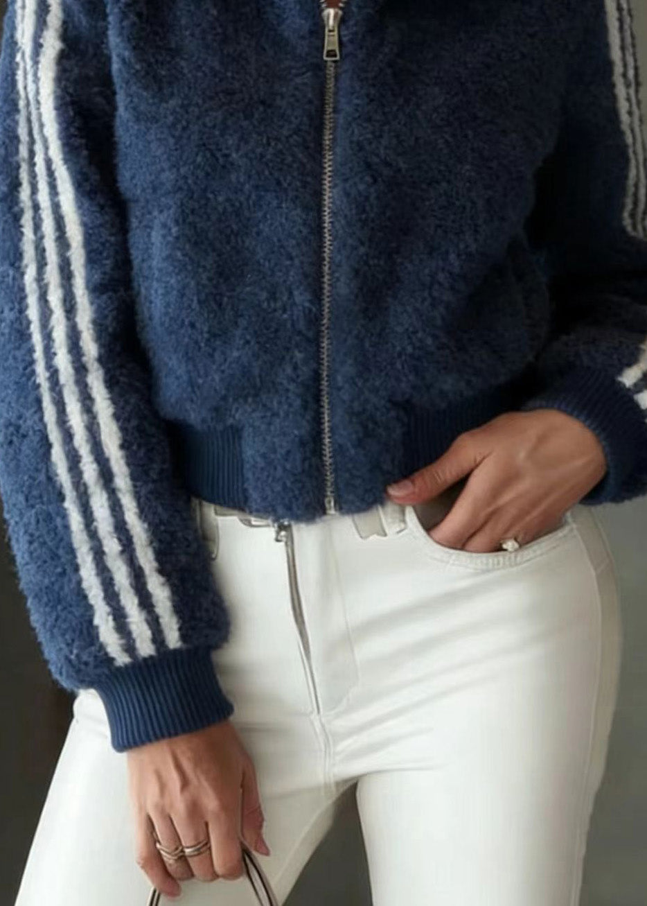 Chic Blue Stand Collar Zip Up Striped Faux Fur Jackets Spring