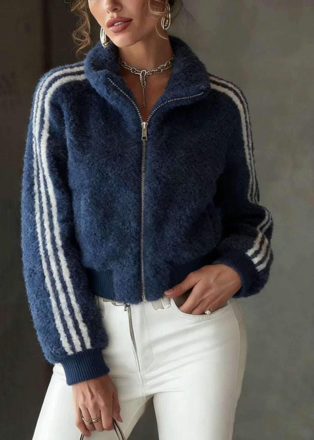 Chic Blue Stand Collar Zip Up Striped Faux Fur Jackets Spring