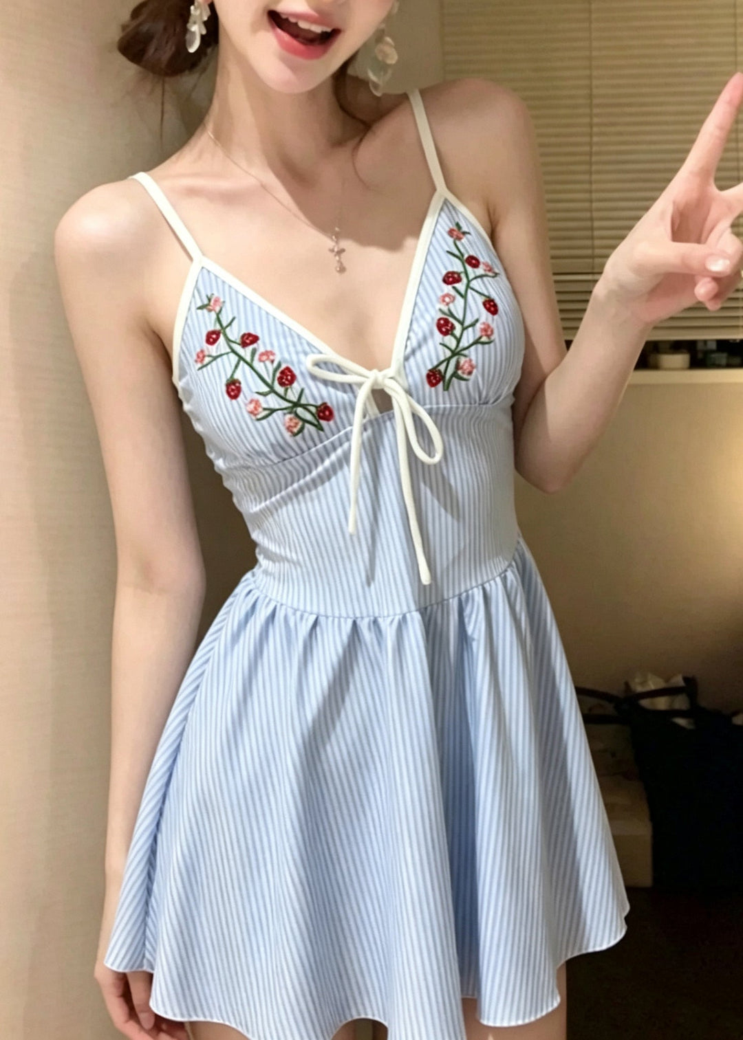 Chic Blue Striped Embroideried Swiming Dress Bodysuits